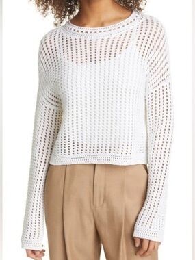 Vince Open-Knit White Crewneck Sweater | Size Medium